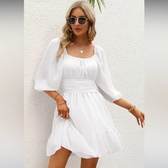 Dresses & Skirts - White babydoll dress with tie back-NWT